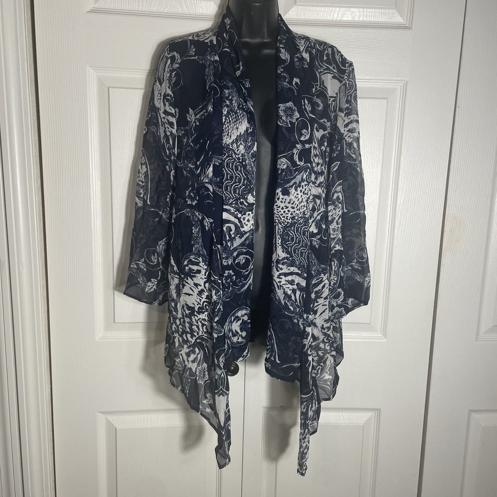 Anis A Floral Sheer Kimono Women M Blue White Open Front Boho‎ Flowy Fairycore